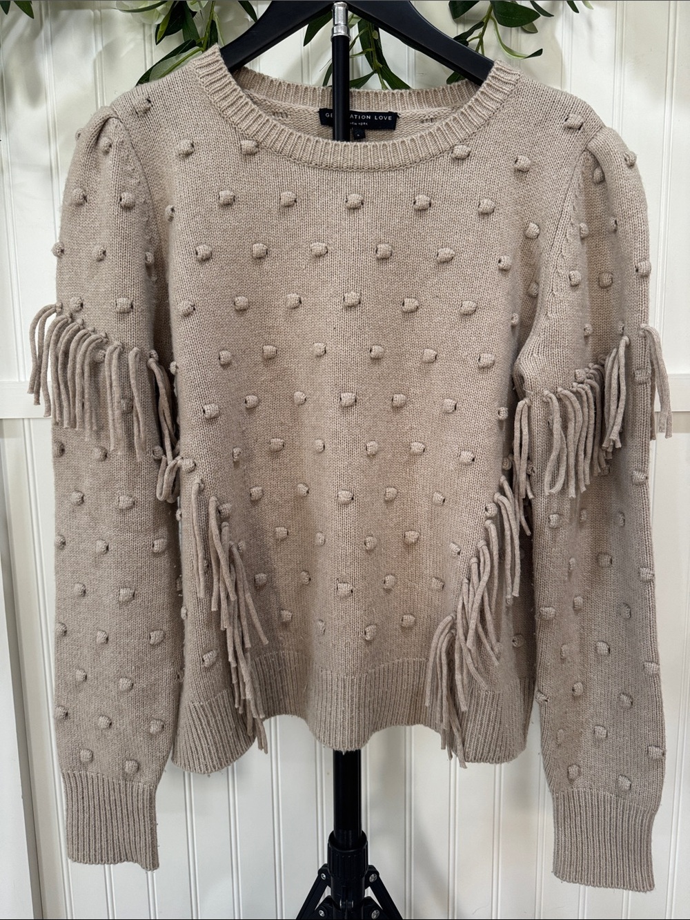 #672 GENERATION LOVE Taupe Pom-Pom Fringe Crewneck Sweater